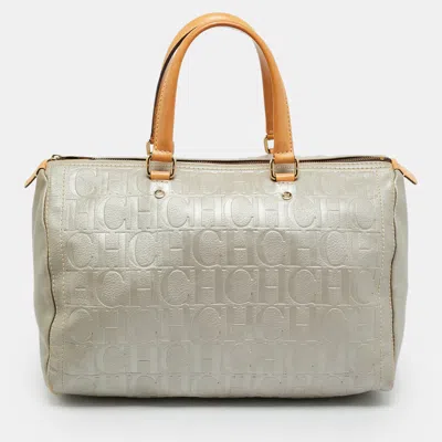 Ch Carolina Herrera Andy Large Grey Monogram Embossed Leather Boston Bag In Gray
