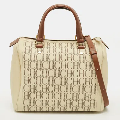 Pre-owned Ch Carolina Herrera Andy Medium Monogram Coated Canvas Boston Bag In White