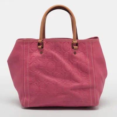 Pre-owned Ch Carolina Herrera Andy Pink Monogram Embossed Leather Tote