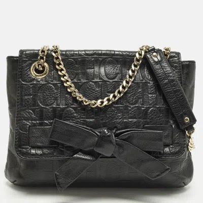 Pre-owned Ch Carolina Herrera Audrey Bow Flap Black Monogram Embossed Leather Shoulder Bag