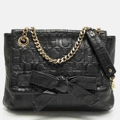 Ch Carolina Herrera Audrey Bow Flap Black Monogram Embossed Leather Shoulder Bag