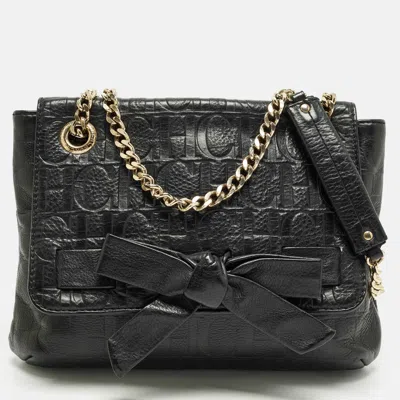 Ch Carolina Herrera Audrey Bow Flap Black Monogram Embossed Leather Shoulder Bag In White
