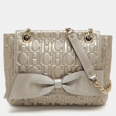 Ch Carolina Herrera Audrey Gold Monogram Embossed Leather Shoulder Bag