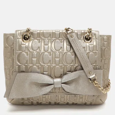 Ch Carolina Herrera Audrey Gold Monogram Embossed Leather Shoulder Bag In Brown