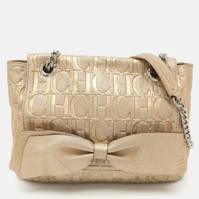Pre-owned Ch Carolina Herrera Audrey Gold Monogram Embossed Leather Shoulder Bag