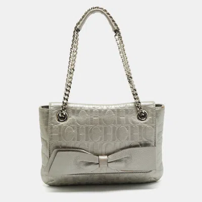 Pre-owned Ch Carolina Herrera Audrey Grey Monogram Embossed Leather Shoulder Bag In Gray