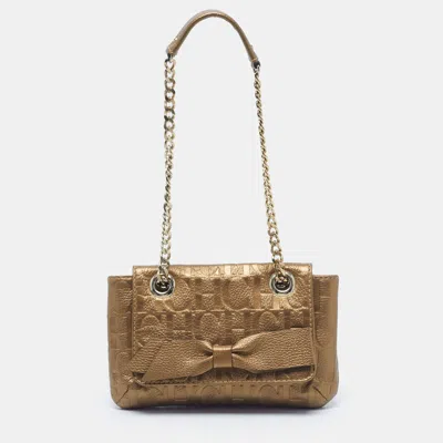 Pre-owned Ch Carolina Herrera Audrey Metallic Monogram Embossed Leather Shoulder Bag