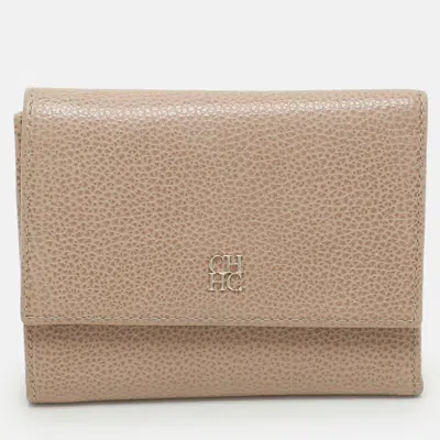 Ch Carolina Herrera Beige Leather Trifold Wallet In Brown