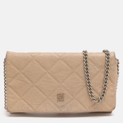 Pre-owned Ch Carolina Herrera Beige Quilted Leather Chain Clutch In Sand