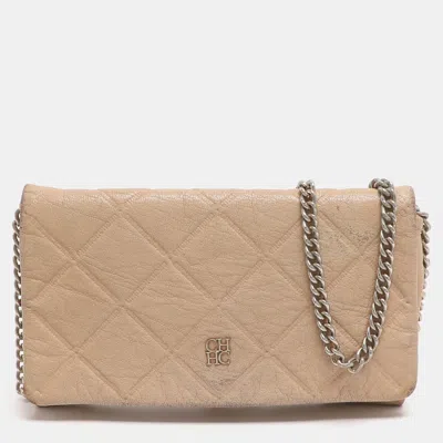 Ch Carolina Herrera Beige Quilted Leather Chain Clutch In Brown