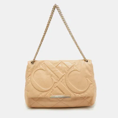 Pre-owned Ch Carolina Herrera Beige Quilted Leather Flap Chain Shoulder Bag In Sand