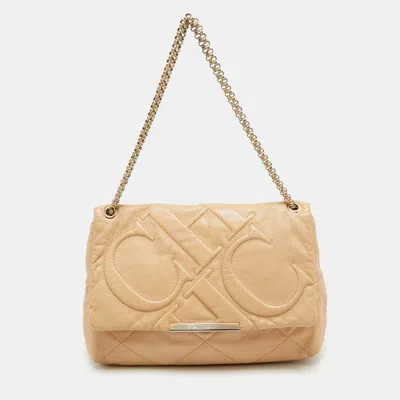 Ch Carolina Herrera Beige Quilted Leather Flap Chain Shoulder Bag In Neutral