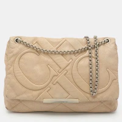 Pre-owned Ch Carolina Herrera Beige Quilted Leather Flap Chain Shoulder Bag In Sand