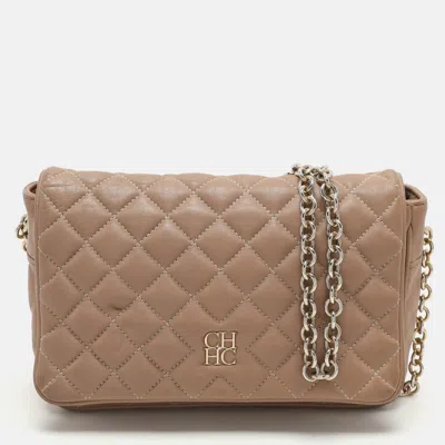 Pre-owned Ch Carolina Herrera Beige Quilted Leather Flap Shoulder Bag