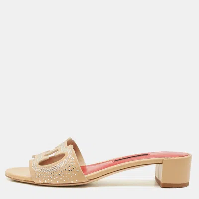 Ch Carolina Herrera Beige Suede Crystal Embellished Slide Sandals