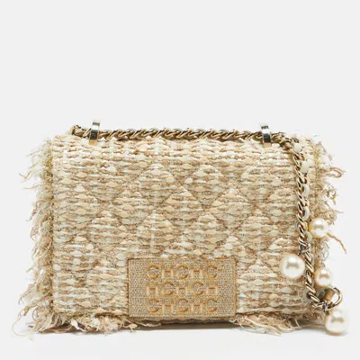 Pre-owned Ch Carolina Herrera Beige/metallic Tweed Faux Pearl Embellished Crossbody Bag In Sand