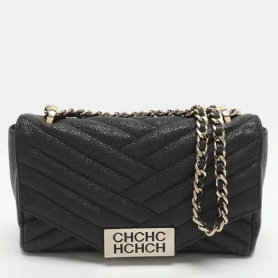 Pre-owned Ch Carolina Herrera Bimba Black Chevron Leather Flap Shoulder Bag