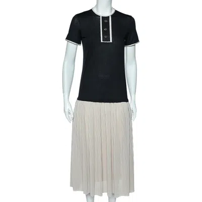 Ch Carolina Herrera Black & Beige Cotton & Silk Plisse Detail Midi Dress In Multi