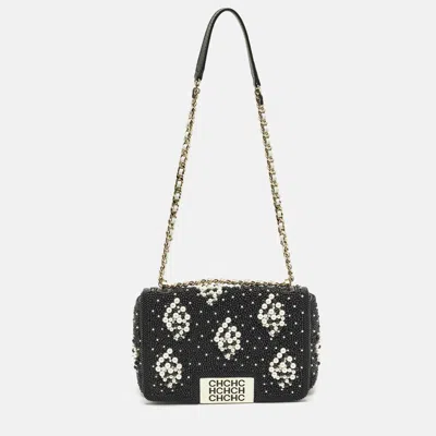Pre-owned Ch Carolina Herrera Black Beaded Pearl Flap Chain Shoulder Bag