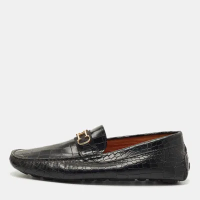 Pre-owned Ch Carolina Herrera Black Croc Embossed Leather Slip On Loafers Size 43