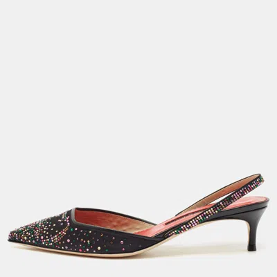 Pre-owned Ch Carolina Herrera Black Crystal Embellished Fabric And Leather Slingback Pumps Size 37