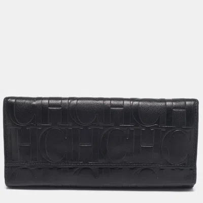 Pre-owned Ch Carolina Herrera Black Embossed Leather Continental Wallet