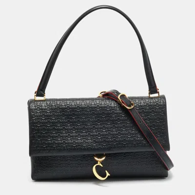 Pre-owned Ch Carolina Herrera Black Embossed Leather Medium Camelot Shoulder Bag