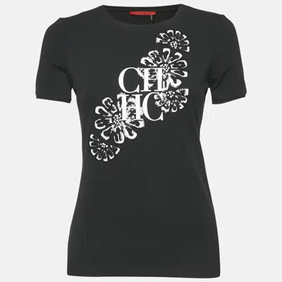 Pre-owned Ch Carolina Herrera Black Floral Embellished And Logo Embroidery Cotton T-shirt Xs