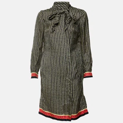 Ch Carolina Herrera Black Herringbone Print Silk Shirt Dress In Multi