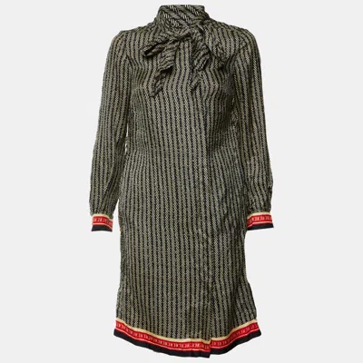 Ch Carolina Herrera Black Herringbone Print Silk Shirt Dress In Gray