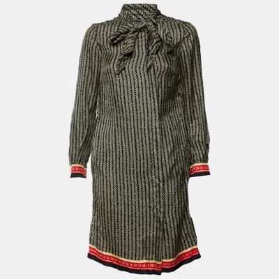 Pre-owned Ch Carolina Herrera Black Herringbone Print Silk Shirt Dress S