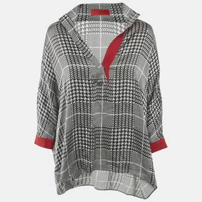 Pre-owned Ch Carolina Herrera Black Houndstooth Print Satin Loose Fit Blouse Xs
