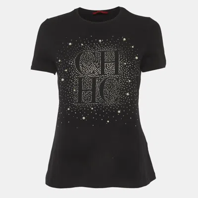 Pre-owned Ch Carolina Herrera Black Jersey Logo Detail T-shirt M