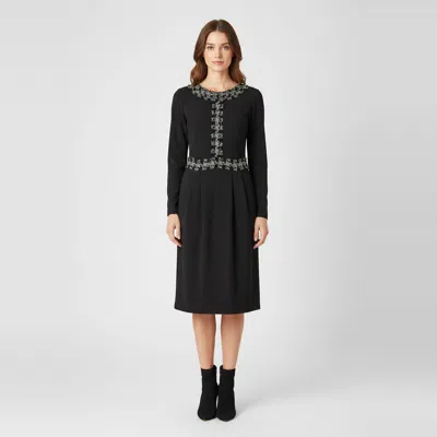 Pre-owned Ch Carolina Herrera Black Jersey Wool Trim Pleated Midi Dress S