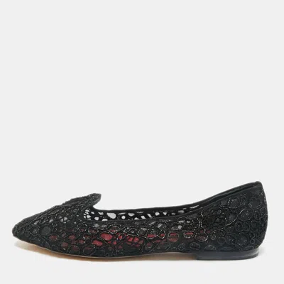 Pre-owned Ch Carolina Herrera Black Lace Logo Ballet Flats Size 38