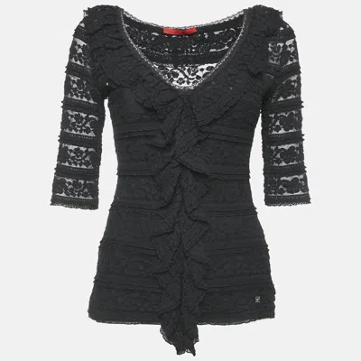 Pre-owned Ch Carolina Herrera Black Lace Ruffled Top S