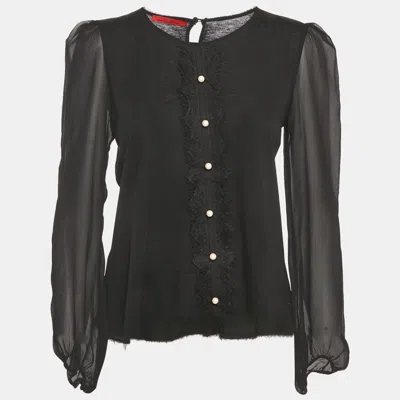 Pre-owned Ch Carolina Herrera Black Lace Trim Knit And Silk Top M