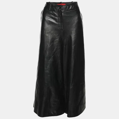 Pre-owned Ch Carolina Herrera Black Lambskin Leather Wide Leg Capri Pants M