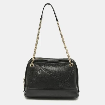 Pre-owned Ch Carolina Herrera Black Leather And Suede Embossed Logo Shoulder Bag