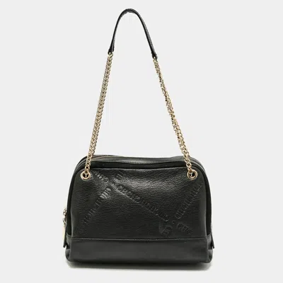 Ch Carolina Herrera Black Leather And Suede Embossed Logo Shoulder Bag In Purple