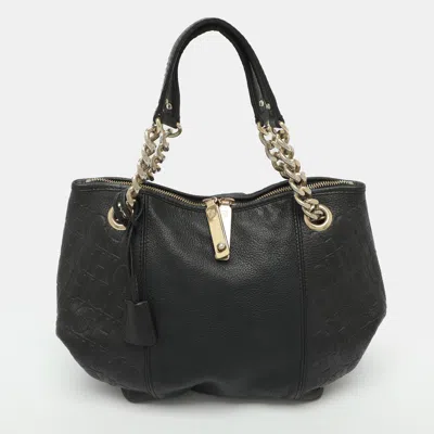 Pre-owned Ch Carolina Herrera Black Leather Chain Hobo