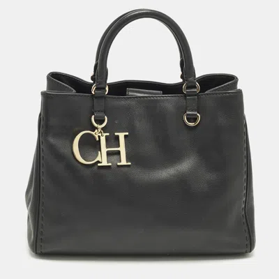 Pre-owned Ch Carolina Herrera Black Leather Charm Tote