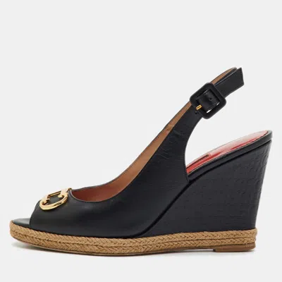 Pre-owned Ch Carolina Herrera Black Leather Initials Insignia Slingback Wedge Sandals Size 38