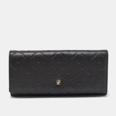 Pre-owned Ch Carolina Herrera Black Leather Laser Cut Continental Wallet