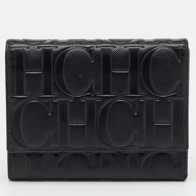 Ch Carolina Herrera Black Leather Logo Embossed Trifold Wallet