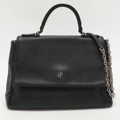 Pre-owned Ch Carolina Herrera Black Leather Minuetto Flap Top Handle Bag