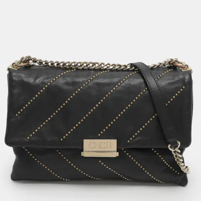 Pre-owned Ch Carolina Herrera Black Leather Studded Shoulder Bag