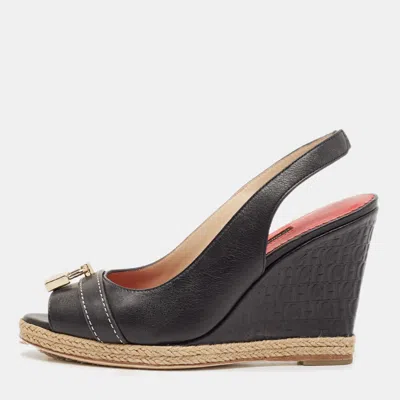 Pre-owned Ch Carolina Herrera Black Leather Wedge Sandals Size 37