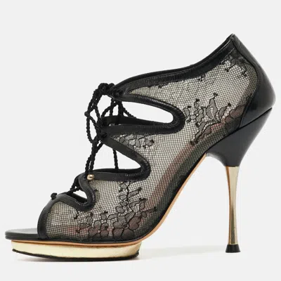 Ch Carolina Herrera Black Mesh And Leather Lace Up Ankle Boots In Multi