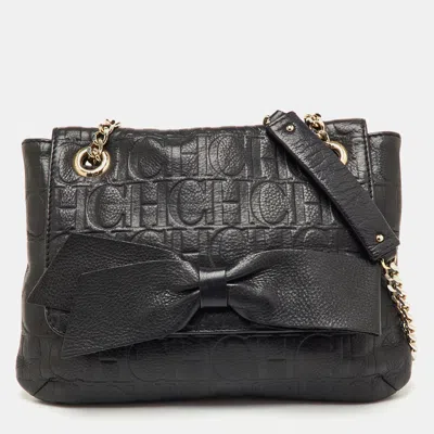 Pre-owned Ch Carolina Herrera Black Monogram Embossed Leather Audrey Bow Flap Shoulder Bag